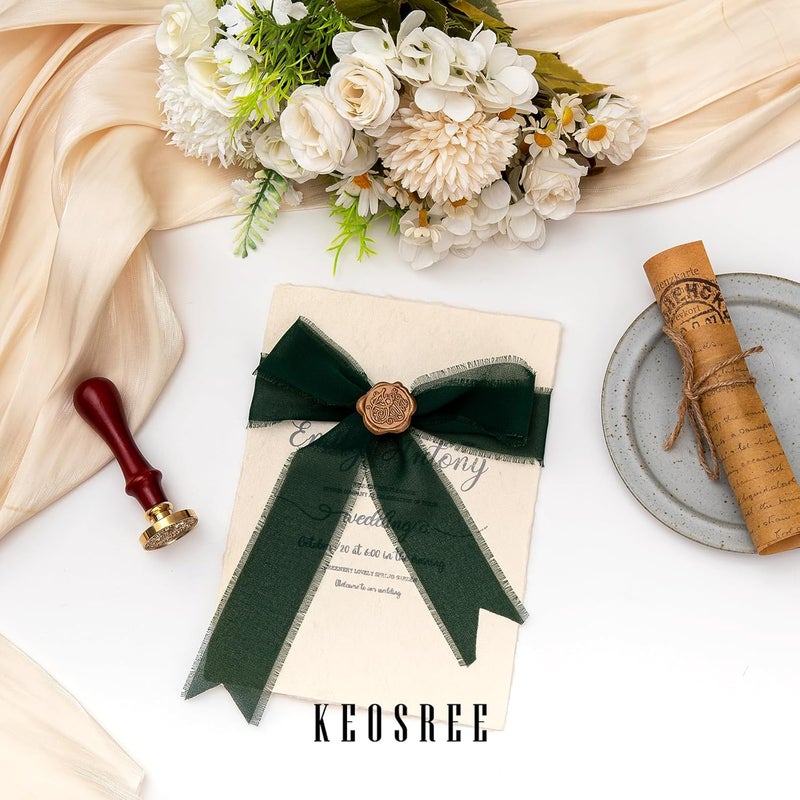 KEOSREE 3 Rolls Dark Green Handmade Chiffon Ribbon,1.5" x 21Yd Frayed Fringe Silk Ribbons (3 Rolls *7Yd) for Gifts Wrapping, Wedding Invitations, Bridal Bouquets, Decorations - Image 5